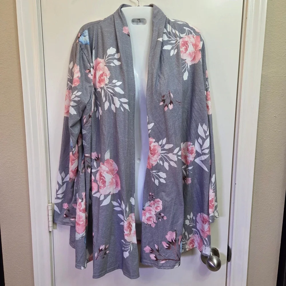 Pink Rose Floral Open Front Cardigan Gray Long Sleeve Shawl Collar Size L